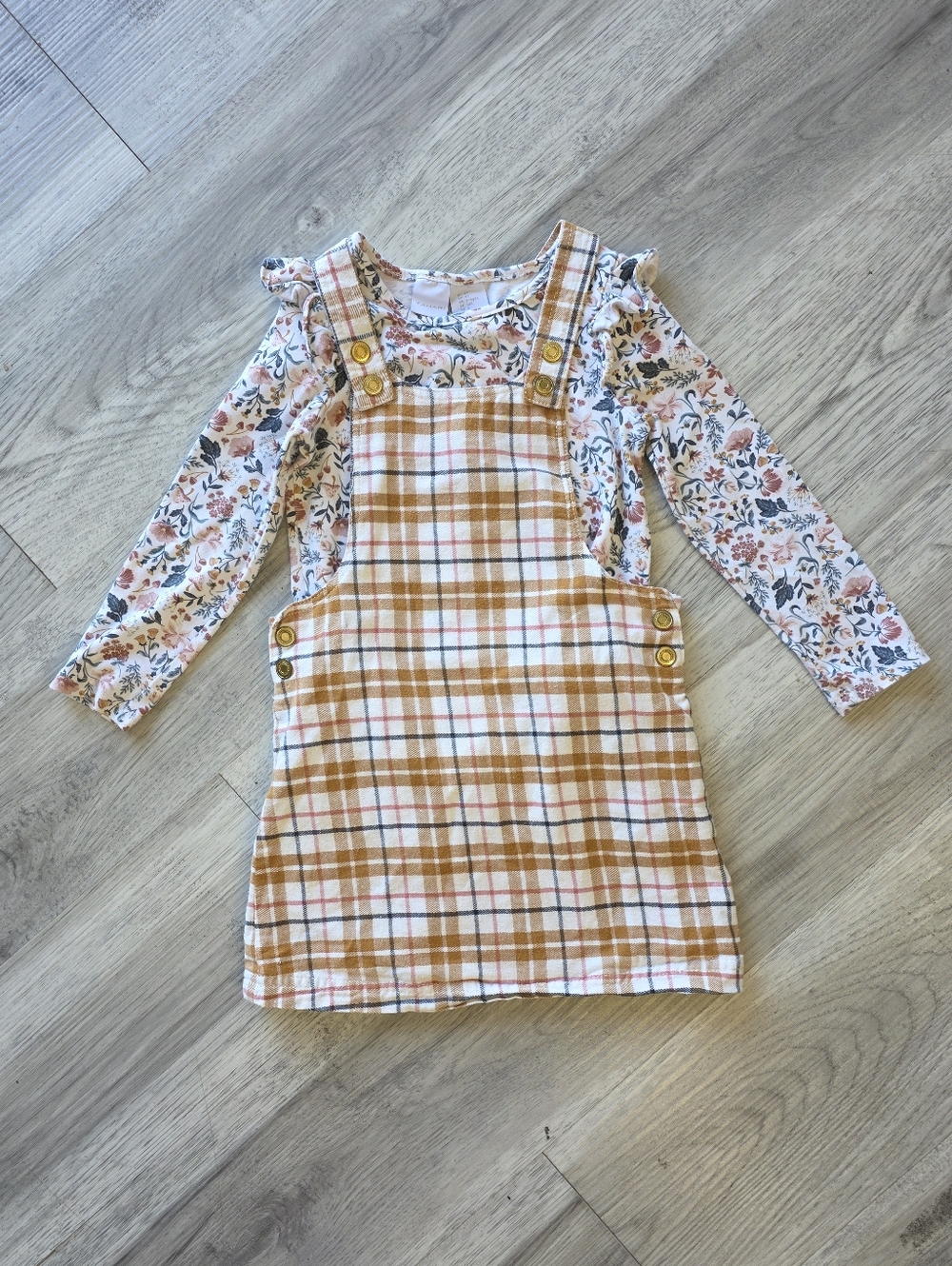 Tahari Plaid Pinafore Dress with Floral Top - Cream & Brown Size 4T
